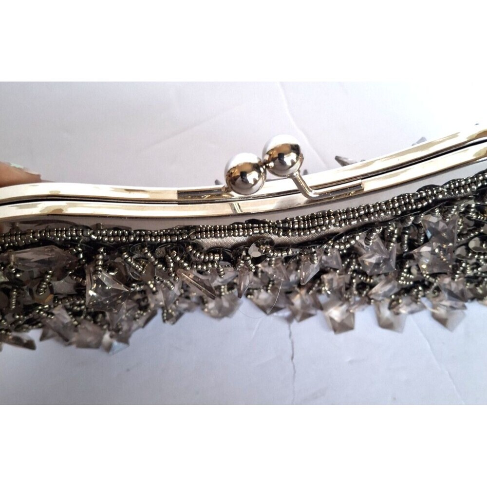 Vintage Mini Silver Beaded Evening Handbag Purse Special Occasion Prom Wedding - Picture 4 of 7